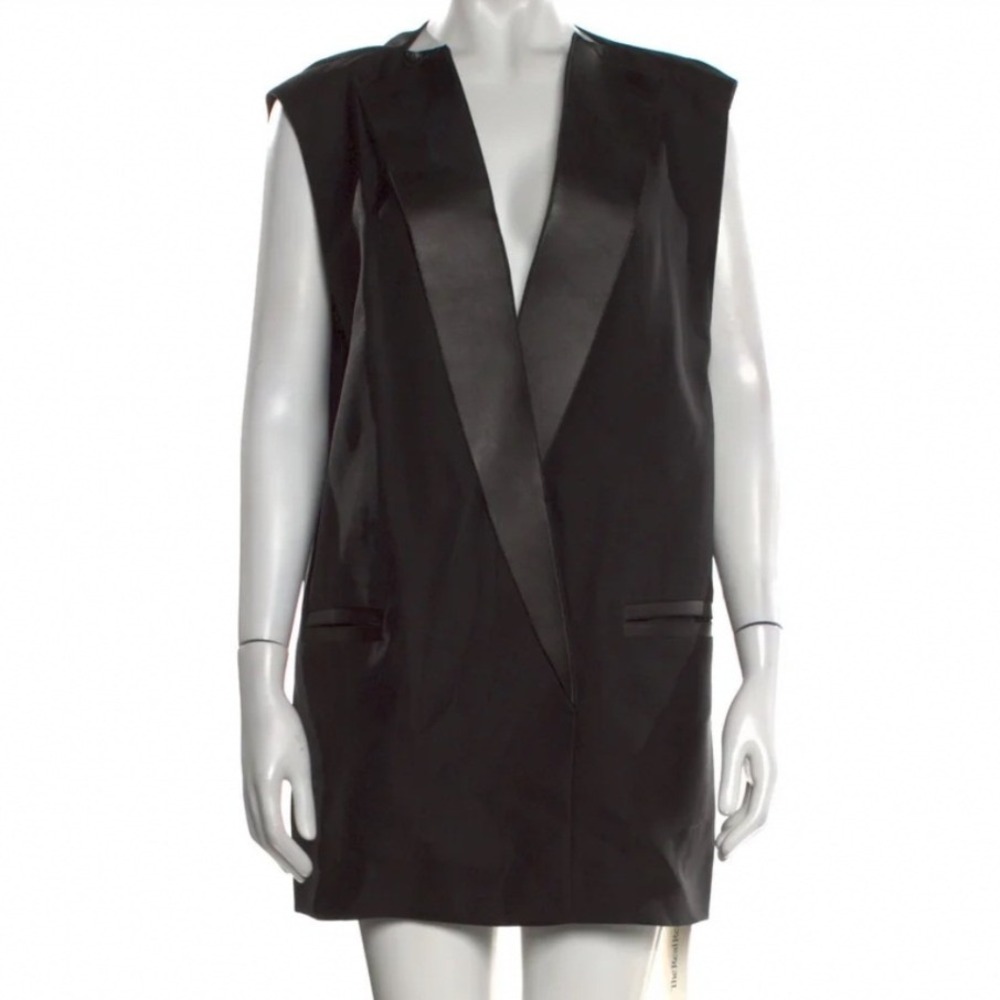 3.1 Phillip Lim Women Black Lamb Leather Trim Silk Tuxedo Vest Size 8 Longline